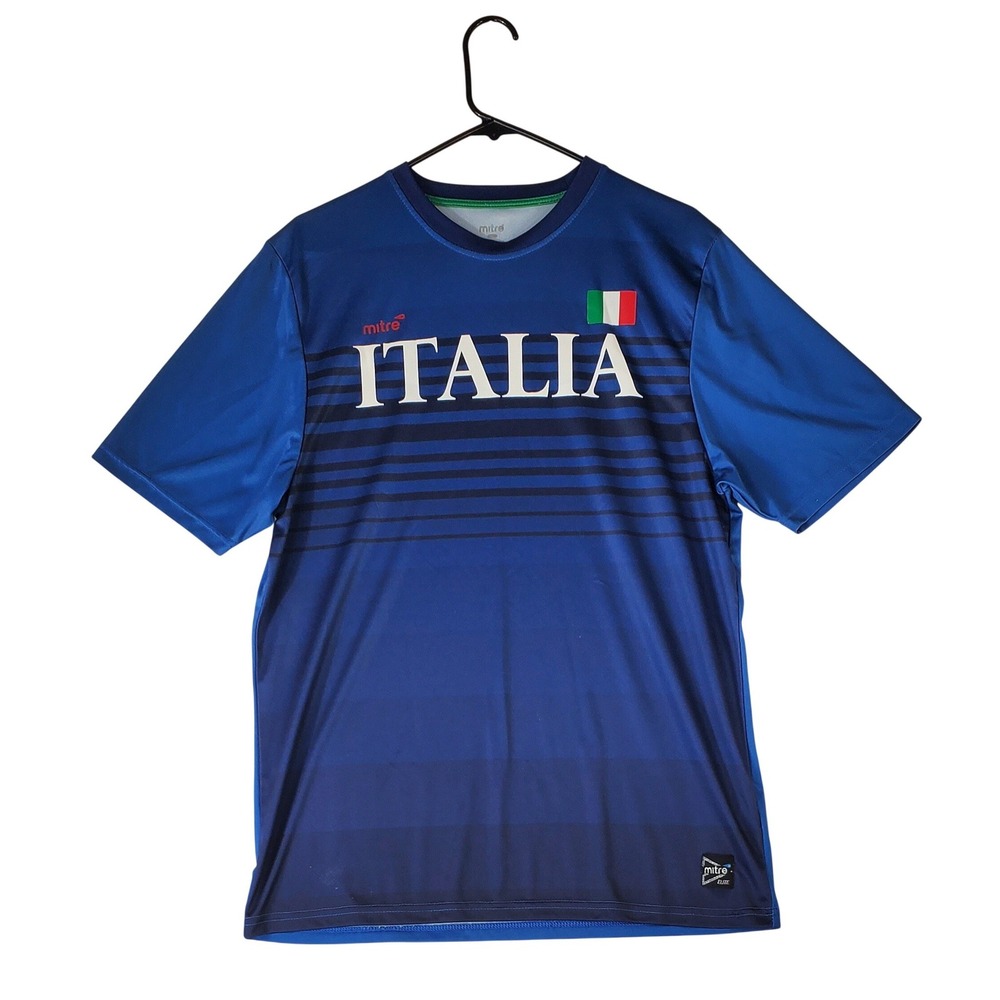 Mitre Italia Soccer Jersey Mens Medium Blue Striped Short Sleeve Shirt MC11548S